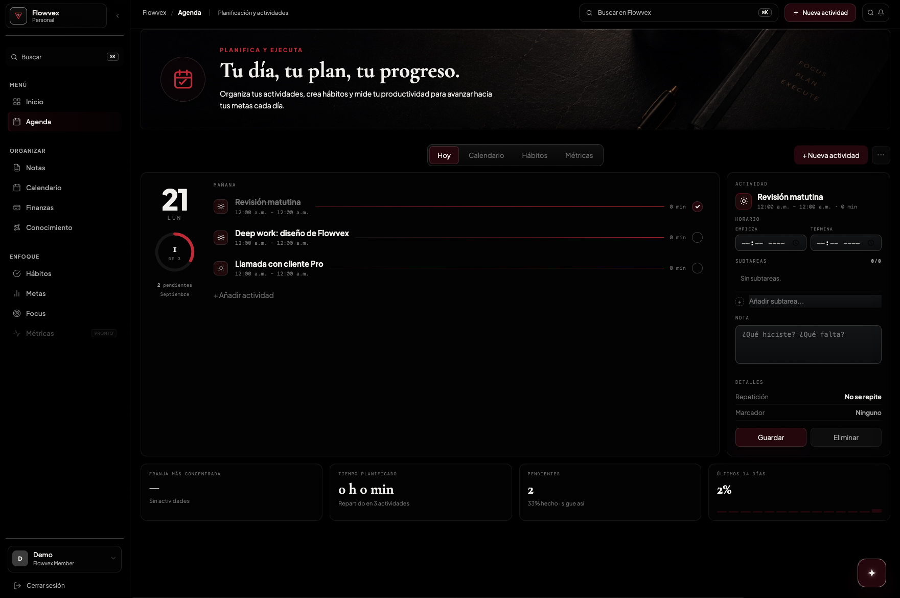 Flowvex abierto en una tablet